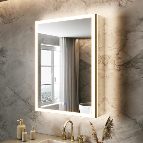 24x32 Lighted Medicine Cabinet, Separate Front & Back Lights | Surface/Recessed LED Medicine Cabinet for Bathroom with Side Mirrors, Dimmable Light, Anti-Fog, Memory,Silver Aluminum Frame - size: 24" x 32" (Left Hinge)
