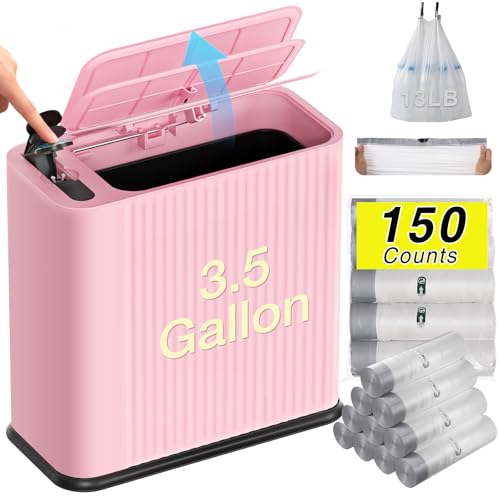 Bathroom Trash Can with Lid 13 Liter/ 3.5 Gallon Pink Trash Can with Pop-Up Lid Bedroom Trash Can Small Garbage Can with 150 Counts Trash Bags for Small Bathroom Bedroom Office - color: Pink