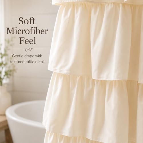 Beige Ruffle Shower Curtain for Bathroom, 72x84 inch, Elegant Ruffled Panel | Ruched Fabric Texture, Cascading Waterfall Ruffles, Extra-Long 72 X 84, 12 Hooks Included, Machine Washable, Opaque Rustic - color: Beige, size: 72"W x 84"L (Pack of 1)