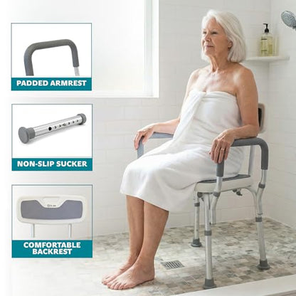 Dr. Aid Shower Chair, 6-Height Adjustable, 400 lbs, Grey Seat Cushion | Height Adjustable, Anti-Slip, Tool-Free Assembly, Arms & Back Support