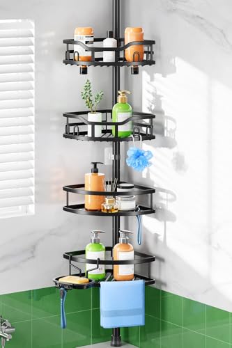 HAMITOR Shower Caddy Tension Pole: Rustproof Quick Install Corner Bathroom Organizer Shelf on Floor for Renters - 4-Tier Large Capacity Storage Rack with Soap Holder for Apartment -47-121 Inch/Black - color: Black