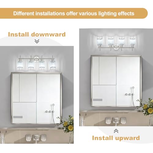 Brushed Nickel Bathroom Light Fixtures, Round, 4-Light | Vanity Lights with Crystal Shades, Modern Bathroom Lighting Fixtures over Mirror (Bulbs Not Included, E26) - color: Brushed Nickel (Round), size: 4-Light