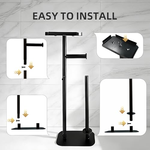 Toilet Paper Holder Free Standing for 4 Rolls with Anti-Slip Base | Rustproof Metal Toilet Paper Stand with Top Storage Shelf for Phones, Wipe and More, Bathroom Organizers and Storage, Black