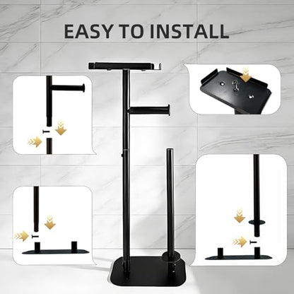 Toilet Paper Holder Free Standing for 4 Rolls with Anti-Slip Base | Rustproof Metal Toilet Paper Stand with Top Storage Shelf for Phones, Wipe and More, Bathroom Organizers and Storage, Black