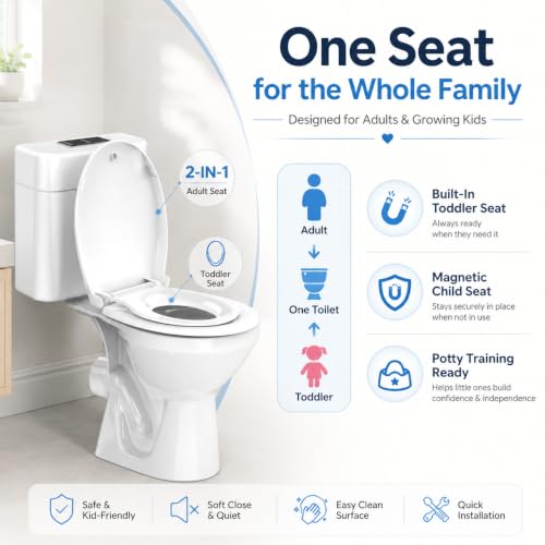 Round Toilet Seat with Built-In Toddler Seat, 2-in-1 Potty Training, White | Soft Close, Magnetic Child Seat, Quick Release, Easy Clean PP Plastic for Adults & Kids, Fits Most Standard Round Toilets - color: White, size: with toddler seat 1 Pack