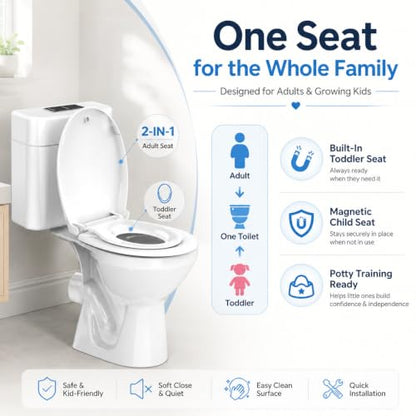 Round Toilet Seat with Built-In Toddler Seat, 2-in-1 Potty Training, White | Soft Close, Magnetic Child Seat, Quick Release, Easy Clean PP Plastic for Adults & Kids, Fits Most Standard Round Toilets - color: White, size: with toddler seat 1 Pack