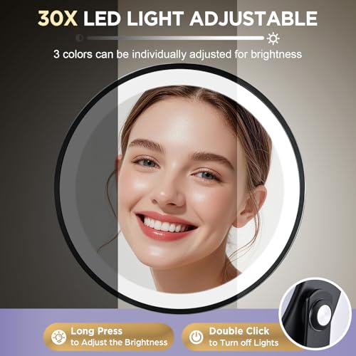 30X Magnifying Mirror with Lights-Matte Black 8" Dual Sided | (1X/30X) Lighted Makeup Mirror, 360° Swivel, 5000mAh Rechargeable Side Touch & Side Charging, 3 Colors & Dimmable Brightness - color: Matte Black