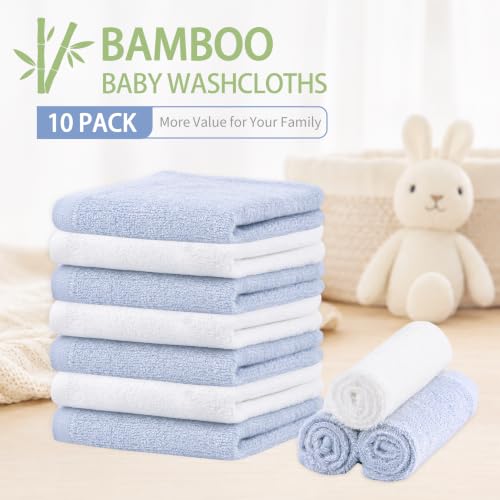 Baby Washcloths 10 Pack Rayon from Bamboo Ultra Soft Absorbent Terry Wash Cloth 10" x 10" Bath Towels for Face Burp Wipes Reusable Lightweight Newborn Essentials Shower Gift Set - color: Blue