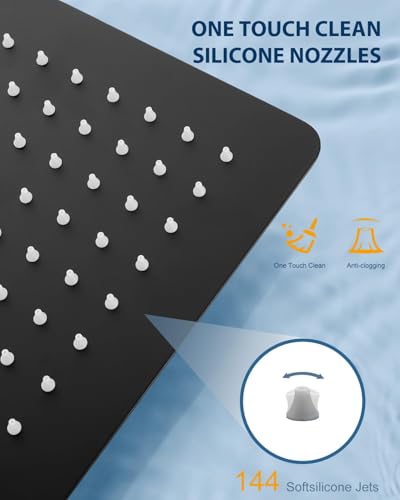 All Metal Matte Black Rainfall Shower Head with Extension Arm, 12" Large Rain Square Showerhead with 16" Long Shower Arm Stainless Steel, 144 Silicone Nozzles Waterfall Full Body Coverage - color: Matte Black