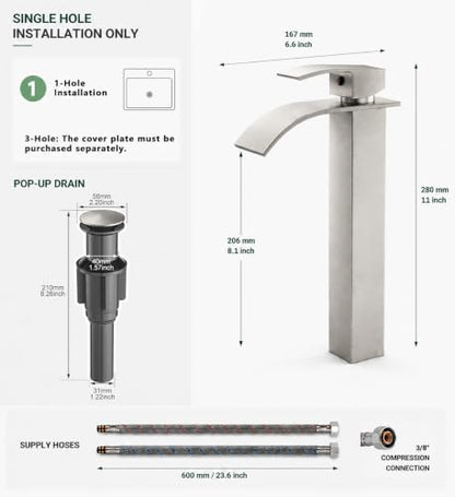 VOTON Vessel Sink Faucet Brushed Nickel Modern Tall Waterfall Bathroom Sink Faucet with Pop-Up Drain Single Handle Bathroom Faucet 1 Hole Bowl Lavatory Vanity Faucet, Rv Sink Camper Farmhouse Faucet - color: Brushed Nickel, size: Tall