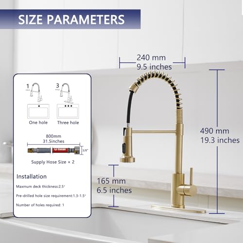 VOTON Kitchen Faucets with Pull Out Sprayer Commercial Spring Sink Faucet Stainless Steel Brushed Gold Pull Down Single Handle Farmhouse faucets with Deck Plate for Camper Laundry Utility Rv Wet Bar - color: Brushed Gold