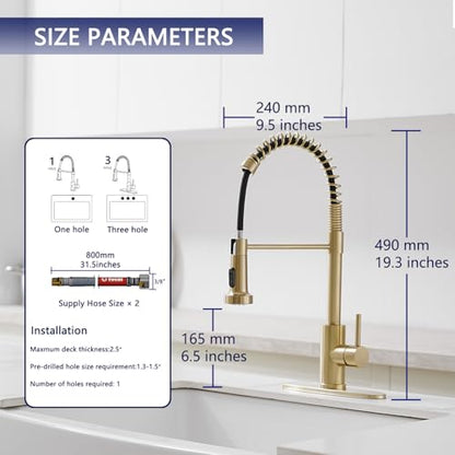 VOTON Kitchen Faucets with Pull Out Sprayer Commercial Spring Sink Faucet Stainless Steel Brushed Gold Pull Down Single Handle Farmhouse faucets with Deck Plate for Camper Laundry Utility Rv Wet Bar - color: Brushed Gold