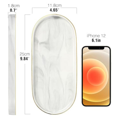 Luxspire 9.8" Bathroom Vanity Tray Marble Ceramic Dresser Jewelry Dish | M, non-slip waterproof resin, easy wipe clean, fits bath kitchen vanity, holds jewelry toiletries soap - color: Marble White+gold, style: Small