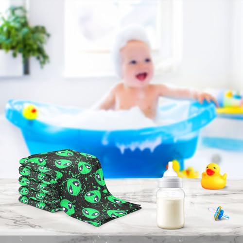 Baby Green Alien Muslin Washcloths 3 Pack - Muslin Burp Cloths Hanky Large 11.8"X11.8" Extra Soft Absorbent Baby Burp Rags for Newborn 100% Cotton for Boys Girls Gift - size: one sizex3