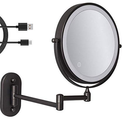 8'' Wall Mounted Makeup Mirror Black USB Rechargeable Double Sided with 3 Tones LED Lights, 1x/5x Magnifying Bathroom Mirror for Shaving Extendable Arm Touch Control1X/5X (1X/5X) - size: 1X/5X