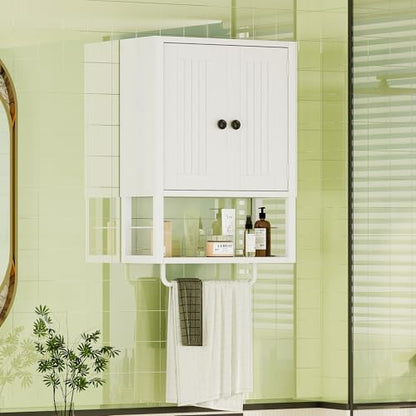 Homeiju Rustic Wall Mounted Medicine Cabinet, White Wood Storage Cabinet with Two Barn Doors, Shelf and Towel Bar for Bathroom, Living Room, Kitchen, White - size: 29.9'' H