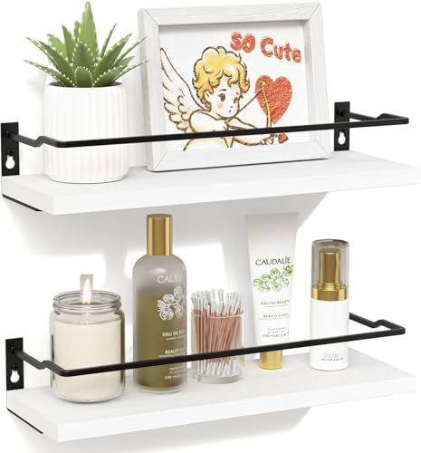 RICHER HOUSE Floating Shelves Bathroom, Small Wall Shelf Over Toilet 2 Set | Wall Mounted Shelves Decor for Bathroom, Kitchen, with Metal Guard-Rail, Paper Storage Shelf, Rustic, Wood, White - color: White