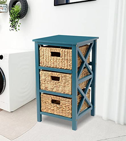 3 Tier X-Side Storage Drawer, Teal | 3 Wicker Baskets, End Table, Side Table - color: Teal, size: 14"D x 14"W x 25"H (3 Drawers)