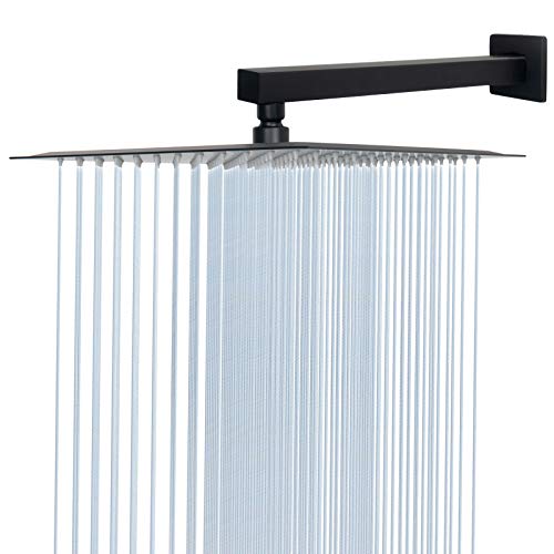 Shower Head with Extension Arm, High Pressure Square with ShowerArm, Stainless Steel Rainfall -Waterfall Full Body Coverage (12'' Shower with 16'' Arm, Matte Black) - color: Matte Black, size: 12'' Shower with 16'' Arm