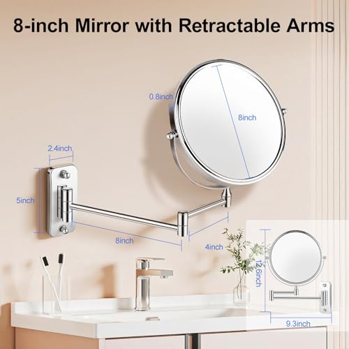 8'' Makeup Mirror Wall Mounted, Wall Mounted Makeup Mirror with 1X/10X Magnifying Mirror 360° Swivel Extendable Adjustable Arm Extendable Mirrors for Bathroom, Chrome (No Light)
