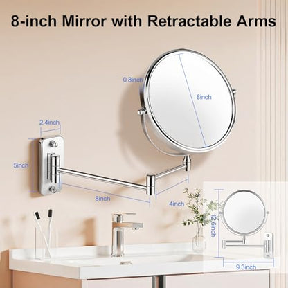 8'' Makeup Mirror Wall Mounted, Wall Mounted Makeup Mirror with 1X/10X Magnifying Mirror 360° Swivel Extendable Adjustable Arm Extendable Mirrors for Bathroom, Chrome (No Light)