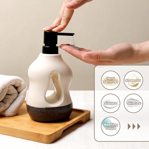 BosilunLife Ceramic Soap Dispenser - Soap Pump Dispenser Bathroom Kitchen Modern Farmhouse Elegant Refillable Soap Dispenser Lotion Hand Pump Dispenser for Kitchen Sink (Beige with Black Base, 15oz) - color: Beige With Black Base