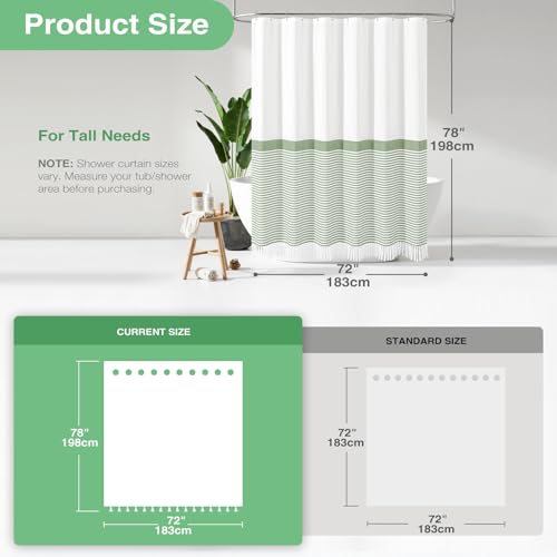 Dynamene 78 Inch Long Shower Curtain, Farmhouse Boho Striped Fabric Tassel Shower Curtain for Bathroom, Tall Bohemian Textured Waterproof Cloth Shower Curtain Set with Hook, Sage Green, 72x78 - color: A. Sage Green, size: 72"W x 78"L (Pack of 1)
