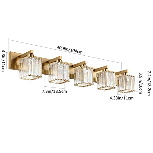 Aipsun Bathroom Vanity Lights Fixtures Crystal Vanity Light 5 Light Modern Brass Bathroom Lighting Fixtures (Exclude Bulb) - color: Gold, size: 40 inch