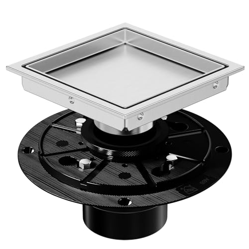 EXF Square Shower Drain 6 Inch Brushed Nickel with Tile Insert Grate | 304 Stainless Steel, Debris Strainer, Seamless, Adjustable Height - color: Brushed Steel, size: 6 IN