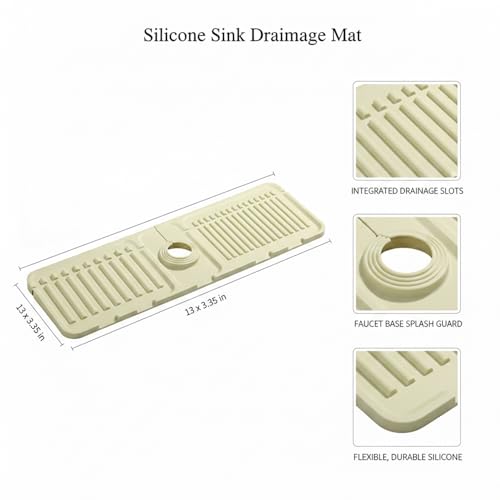 Silicone Faucet Splash Guard Mat, 13 x 3.35 Inches | Kitchen & Bathroom Sinks, Flexible Water Drainage Tray, With Slots - color: Beige