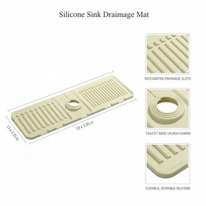 Silicone Faucet Splash Guard Mat, 13 x 3.35 Inches | Kitchen & Bathroom Sinks, Flexible Water Drainage Tray, With Slots - color: Beige