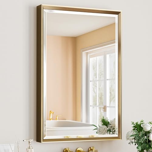 Gold Bathroom Mirror, 24x36 Brushed Gold Bathroom Mirror Beveled Edge, Gold Framed Rectangle Bathroom Vanity Mirror, Anti-Rust Brushed Brass Metal Frame Wall Mirror Vertical/Horizontal - color: Brushed Gold, size: 36"L x 24"W
