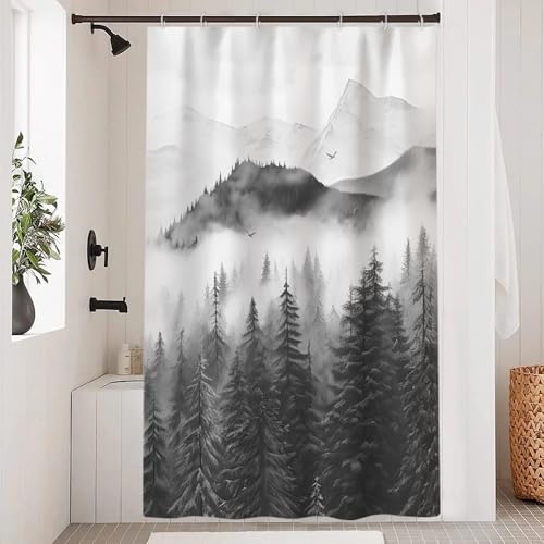 Grey Forest Shower Curtain with Hooks for Bathroom 54x72 Inch | Waterproof Nature Foggy Mountain Shower Curtain Set, Soft and Lightweight Bathroom Decor, Machine Washable - color: Grey, size: 54"W x 72"L (Pack of 1)