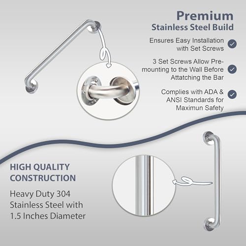 Grab Bar for Bathtub Shower - 1.5" Dia. / Stairs Bed Toilet Bathroom / Stand Assist & Safety Handrail / 304 Stainless Steel / Smooth Grip / 24" - color: Stainless Steel, size: 24 in. Smooth Grip