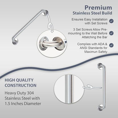 Grab Bar for Bathtub Shower - 1.5" Dia. / Stairs Bed Toilet Bathroom / Stand Assist & Safety Handrail / 304 Stainless Steel / Smooth Grip / 24" - color: Stainless Steel, size: 24 in. Smooth Grip