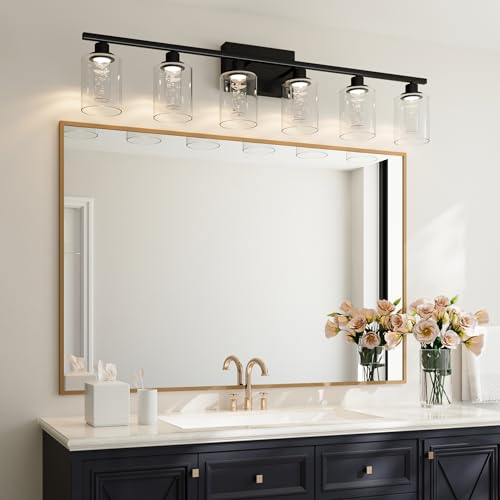 MELUCEE 6-Light Black LED Vanity Lights for Bathroom,3000K-6000K | Dimmable Bathroom Light Fixtures with Crystal Bubble Clear Glass Shade, LED Wall Light Fixture Built-In LED Chips - color: Black, size: LED-6 Lights