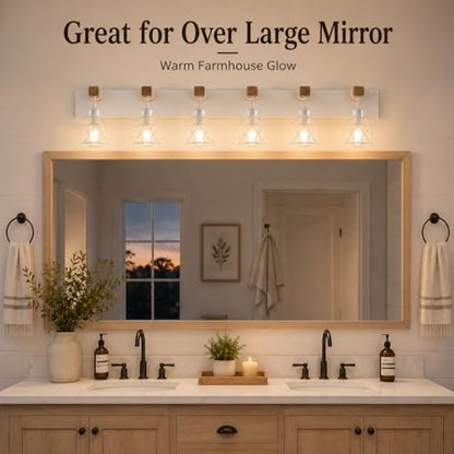Farmhouse Vanity Light Fixture,6-Light Bathroom Lighting,White Modern Wood Wall Light Over Mirror with Metal Shade,LED Bulbs Not Included - color: White, size: 6-Light-Wide 44"