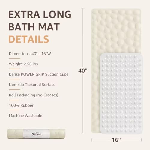 Bligli Bathtub Mat Non Slip, 16x40 inch Extra Long Bath Tub Mat with Strong Suction Cups, Soft Rubber Bathroom Floor Mat, Machine Washable, 100% BPA Free (Beige) - color: Beige, size: 40" x 16" (Rectangular)