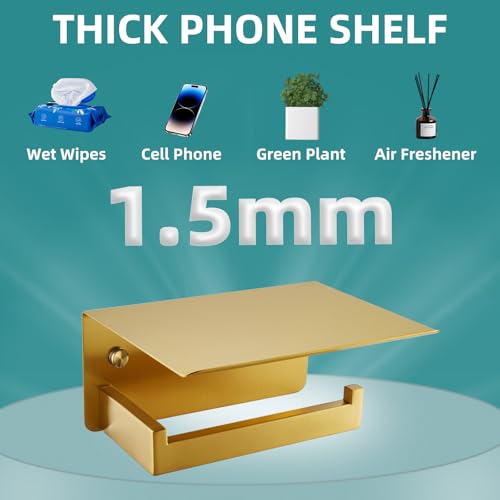 Brushed Dark Gold Toilet Paper Holder with Shelf, Wall Mounted | Rustproof 304 Stainless Steel, Functional Paper Roll and Phone Storage, Fits Bathroom, Restroom, Vanity, Kitchen - color: Brushed Dark Gold, size: Single Rod