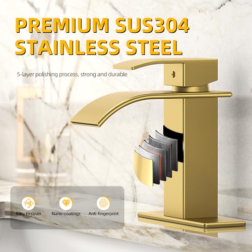 Waterfall Bathroom Faucet, Brushed Gold Stainless Steel, 1-Handle | Modern Bathroom Sink Faucet for RV & Outdoor Basins, Pop-Up Drain, Supply Lines, 6-in Deck Plate, 1- or 3-Hole, NSF Certified - color: Brushed Gold