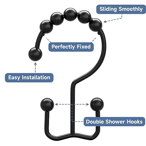 Titanker Black Shower Curtain Hooks Rings, Rust-Resistant Metal Double Glide Shower Hooks for Bathroom Shower Rods Curtains, Set of 12 Hooks - Matte Black - color: Black, style: Modern
