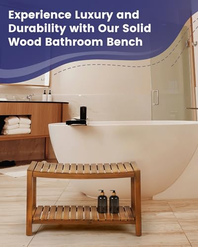 Upolana Teak Shower Bench, 32" Solid Wood Shower Stool for Inside Shower to Sit On, Wooden Bathroom Shower Seat Waterproof