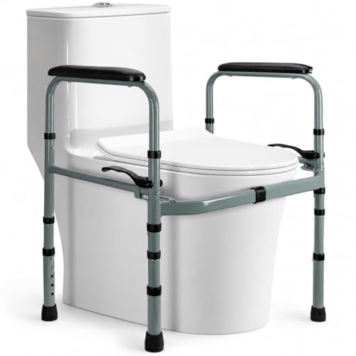 Toilet Safety Rails for Elderly, Foldable Adjustable Frame | 400 lb capacity, stand-alone design, non-slip handles, tool-free assembly, fits standard & elongated toilets