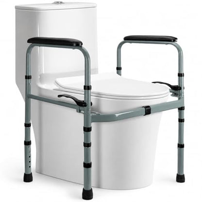 Toilet Safety Rails for Elderly, Foldable Adjustable Frame | 400 lb capacity, stand-alone design, non-slip handles, tool-free assembly, fits standard & elongated toilets
