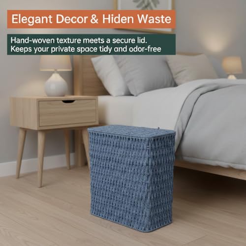 Coeusy 3 Gallon Paper Rope Bathroom Trash Can,Small Wicker Trash Cans with Lid and Liner,Woven Rattan Narrow Waste Basket for Bedroom,Office,Blue - color: Blue