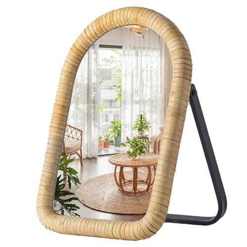Natural Rattan Mirror Boho Vanity Desk Arched Mirror, Vintage Makeup Mirror with Metal Stand, Portable Small Standing Countertop Mirror for Dresser,Tabletop, Bathroom,Bedroom,Living Room,Office