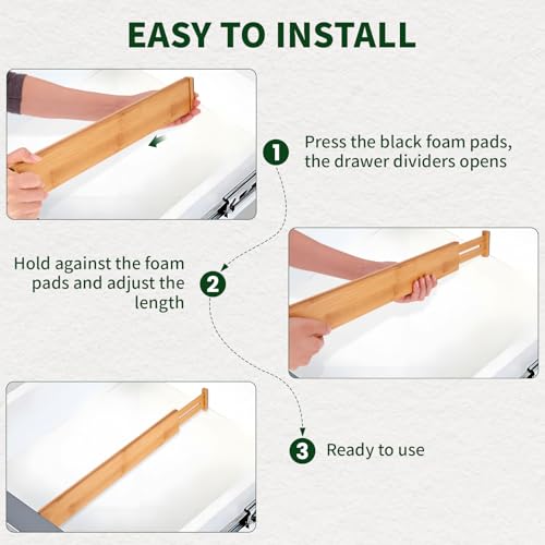 CMOOD 6 PCS Bamboo Drawer Dividers, Kitchen Drawer Dividers, 17"-22" Expandable Adjustable Bamboo Drawer Dividers Organizers for Kitchen, Clothes, Dresser, Bedroom, Home, Office, Spring Loaded