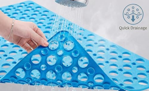 Nonslip Bath Tub Shower Mat with Suction Cups, Extra Soft TPE Bath Mat for Kids, Bathtub Bathroom Mats, Machine Washable, Smooth/Non-Textured Tubs Only, 35L x 16W Inch(Lake Blue) - color: Lake Blue, size: 35" x 16" (Rectangular)