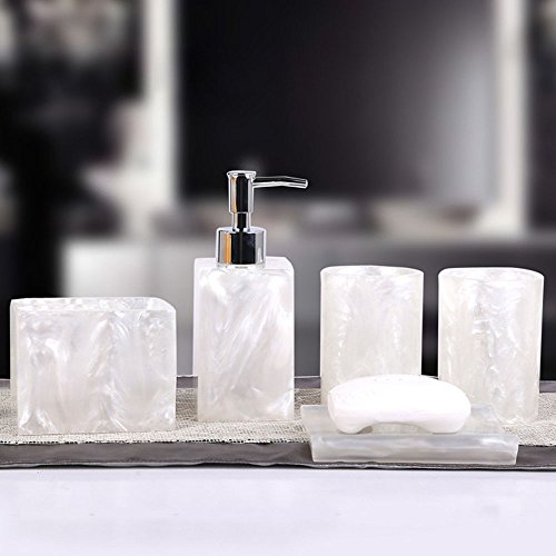 Resin Soap Dish, Soap Dispenser, Toothbrush Holder & Tumbler Bathroom Accessory 5 Piece Set (White) - color: White