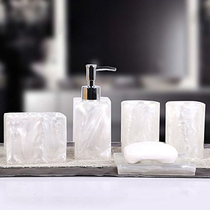 Resin Soap Dish, Soap Dispenser, Toothbrush Holder & Tumbler Bathroom Accessory 5 Piece Set (White) - color: White